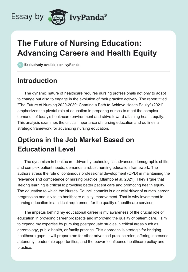 The Future of Nursing Education: Advancing Careers and Health Equity. Page 1