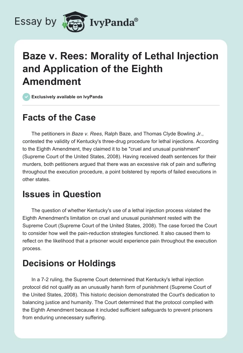 Baze v. Rees: Morality of Lethal Injection and Application of the Eighth Amendment. Page 1