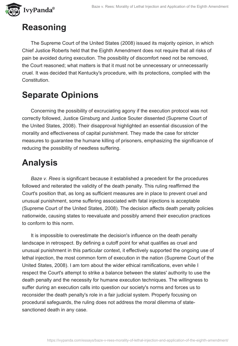 Baze v. Rees: Morality of Lethal Injection and Application of the Eighth Amendment. Page 2