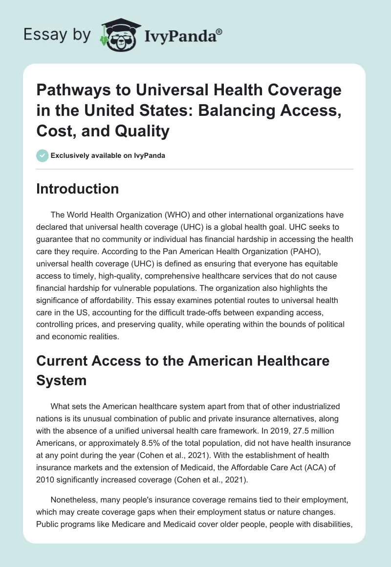 Pathways to Universal Health Coverage in the United States: Balancing Access, Cost, and Quality. Page 1