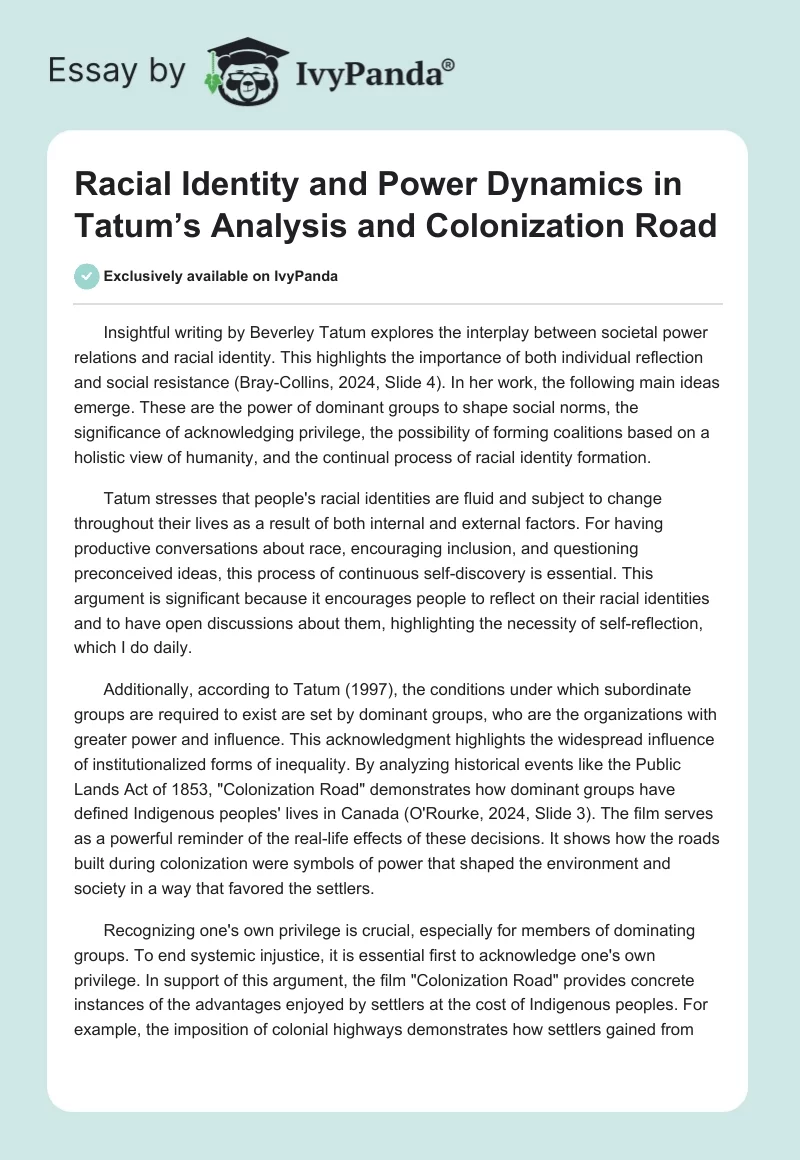Racial Identity and Power Dynamics in Tatum’s Analysis and Colonization Road. Page 1
