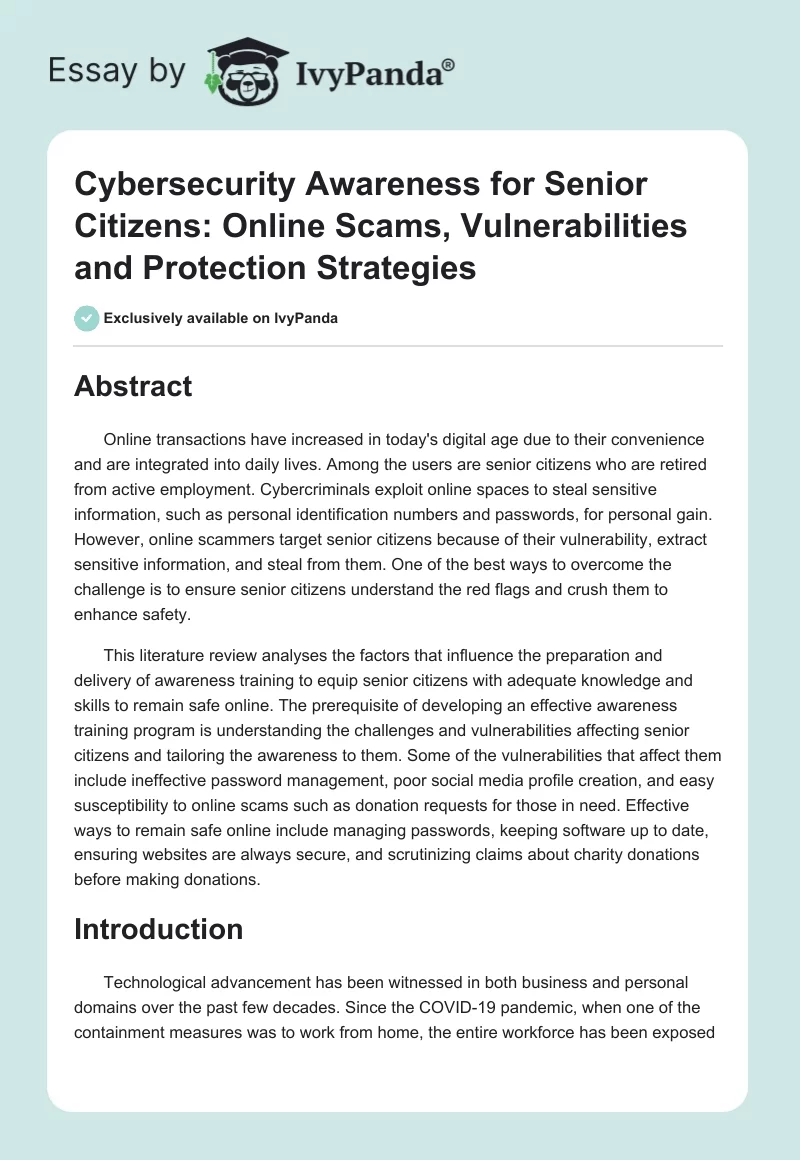 Cybersecurity Awareness for Senior Citizens: Online Scams, Vulnerabilities and Protection Strategies. Page 1