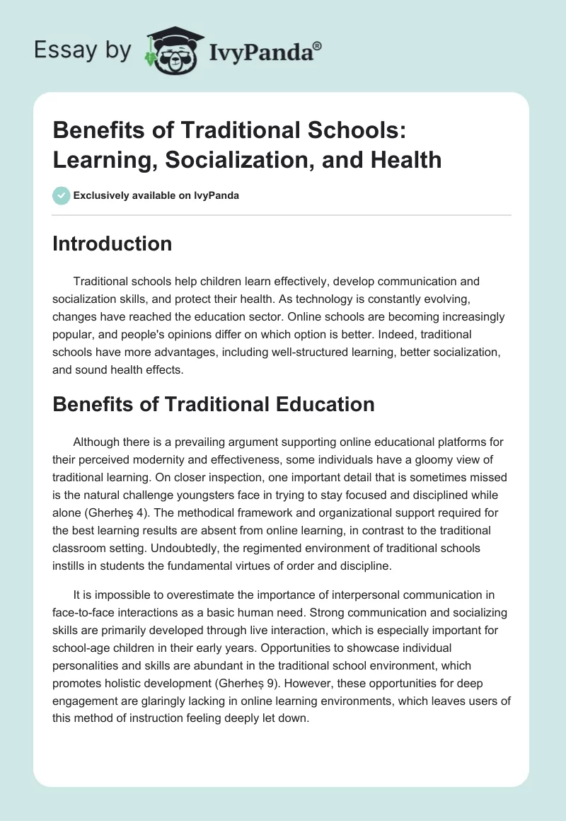 Benefits of Traditional Schools: Learning, Socialization, and Health. Page 1