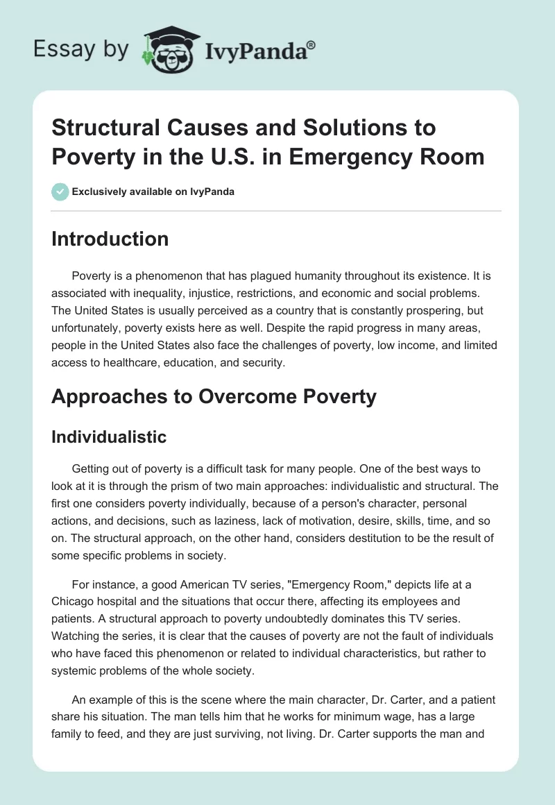 Structural Causes and Solutions to Poverty in the U.S. in "Emergency Room". Page 1