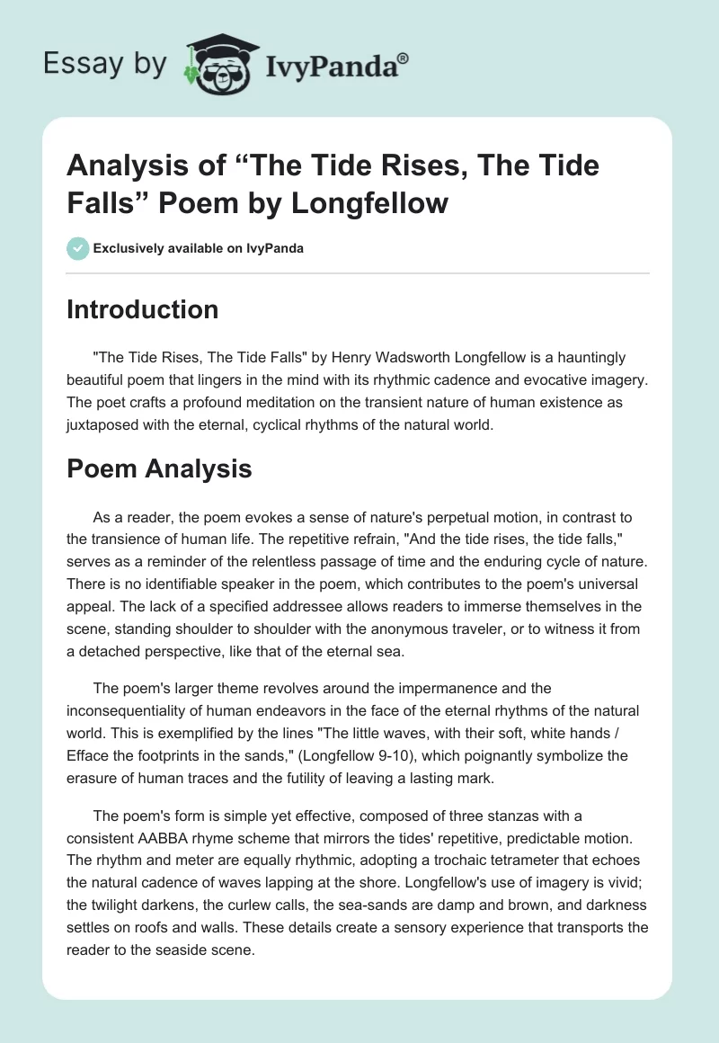 Analysis of “The Tide Rises, The Tide Falls” Poem by Longfellow. Page 1