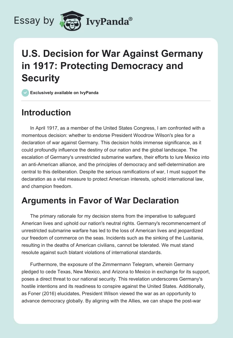 U.S. Decision for War Against Germany in 1917: Protecting Democracy and Security. Page 1