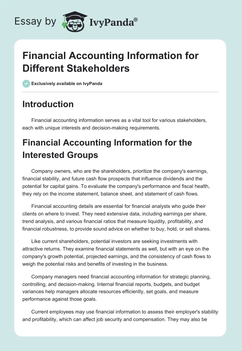 Financial Accounting Information for Different Stakeholders. Page 1