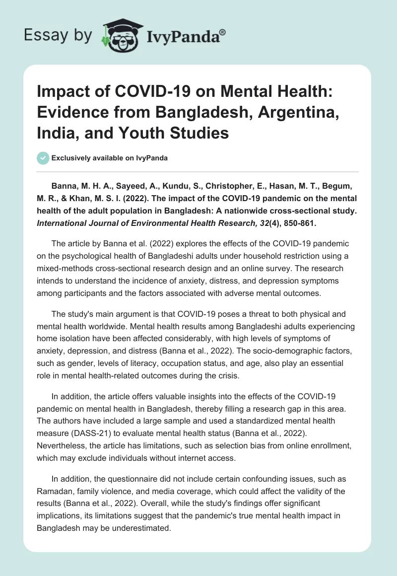 Impact of COVID-19 on Mental Health: Evidence from Bangladesh, Argentina, India, and Youth Studies. Page 1