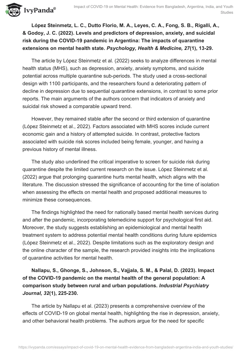 Impact of COVID-19 on Mental Health: Evidence from Bangladesh, Argentina, India, and Youth Studies. Page 2