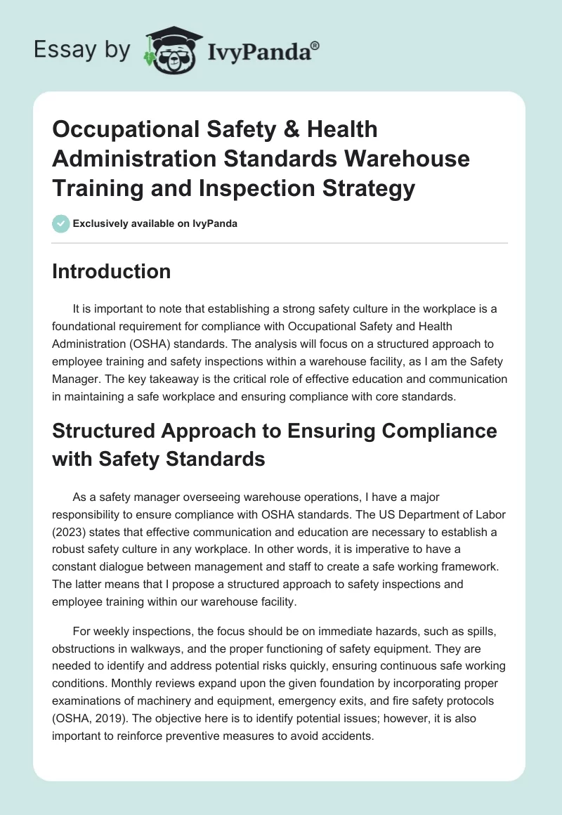 Occupational Safety & Health Administration Standards Warehouse Training and Inspection Strategy. Page 1