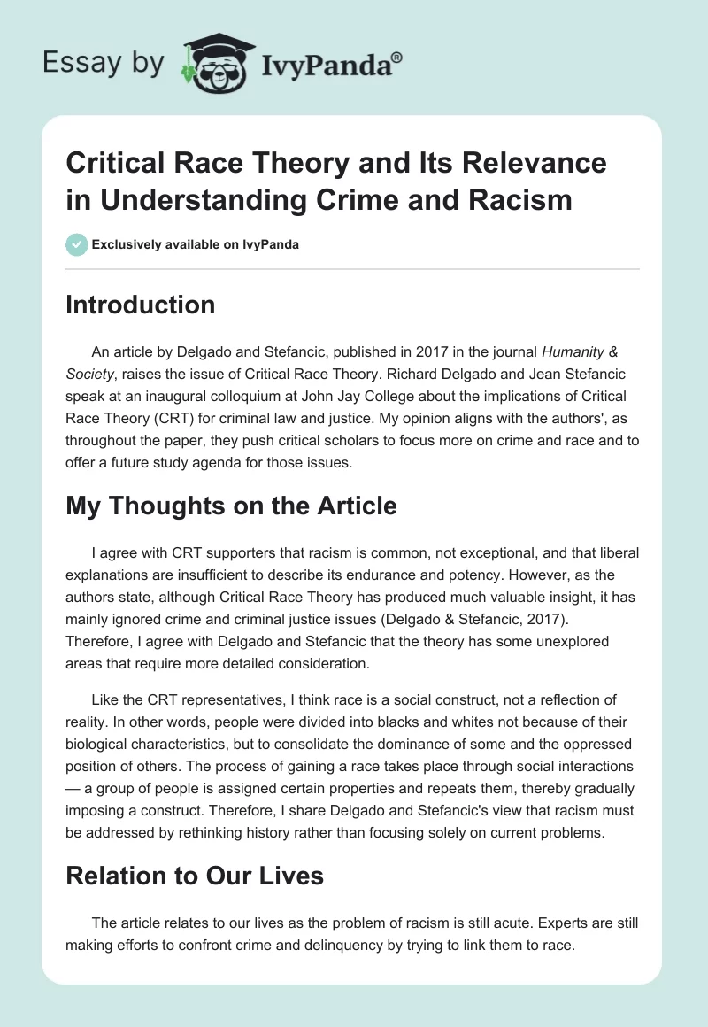 Critical Race Theory and Its Relevance in Understanding Crime and Racism. Page 1