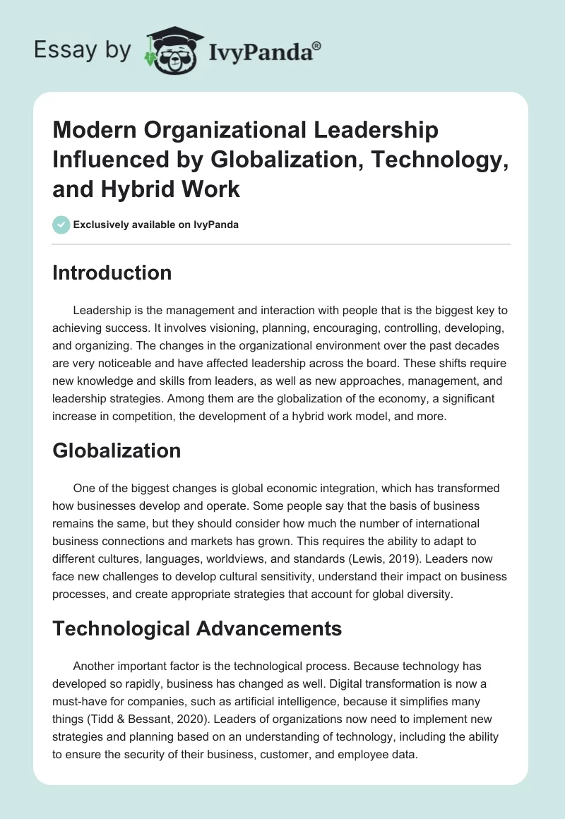 Modern Organizational Leadership Influenced by Globalization, Technology, and Hybrid Work. Page 1