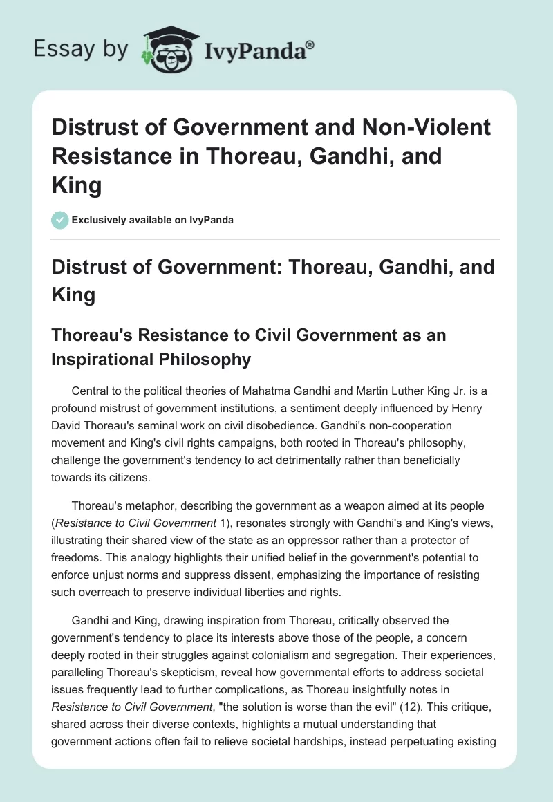 Distrust of Government and Non-Violent Resistance in Thoreau, Gandhi, and King. Page 1