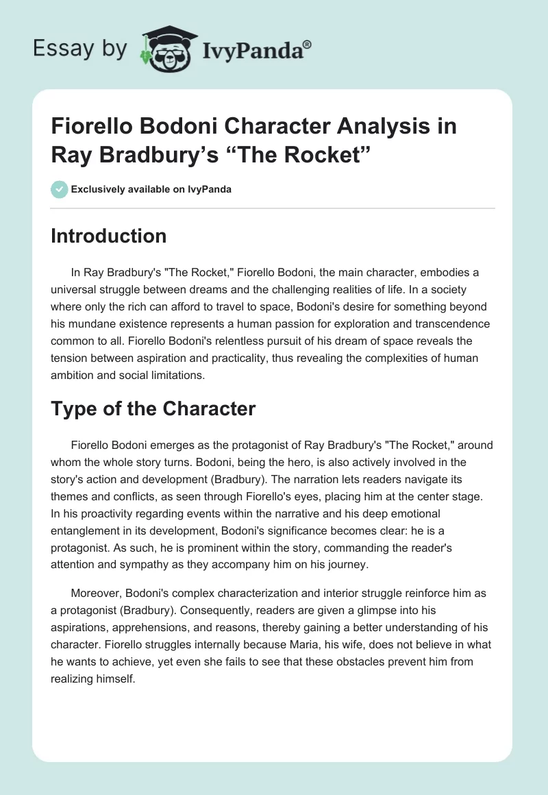 Fiorello Bodoni Character Analysis in Ray Bradbury’s “The Rocket”. Page 1