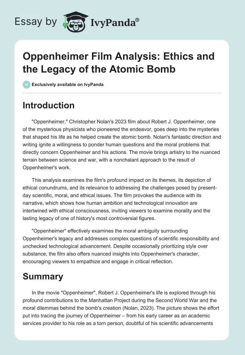 Oppenheimer Film Analysis: Ethics and the Legacy of the Atomic Bomb. Page 1