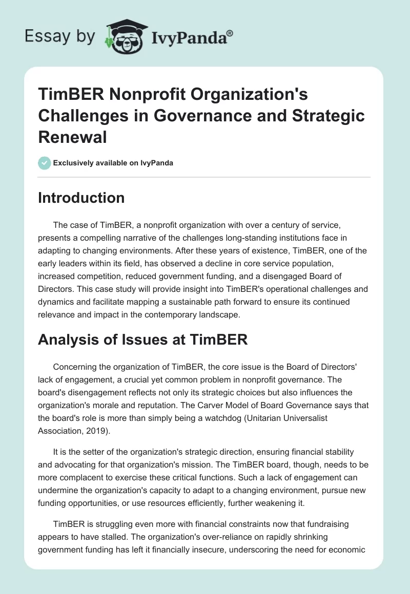 TimBER Nonprofit Organization's Challenges in Governance and Strategic Renewal. Page 1