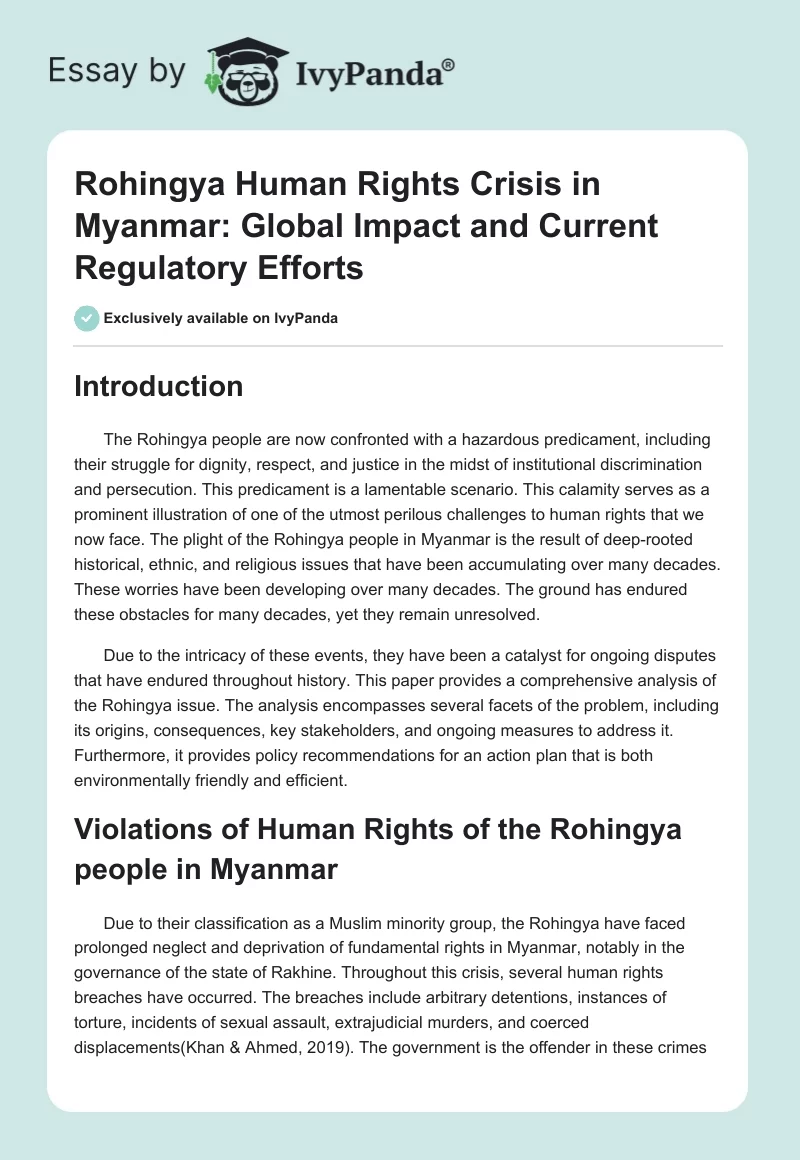 Rohingya Human Rights Crisis in Myanmar: Global Impact and Current Regulatory Efforts. Page 1