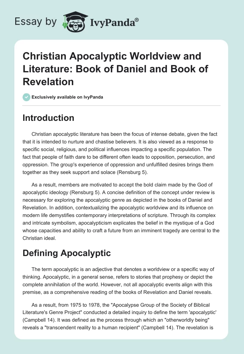 Christian Apocalyptic Worldview and Literature: Book of Daniel and Book of Revelation. Page 1