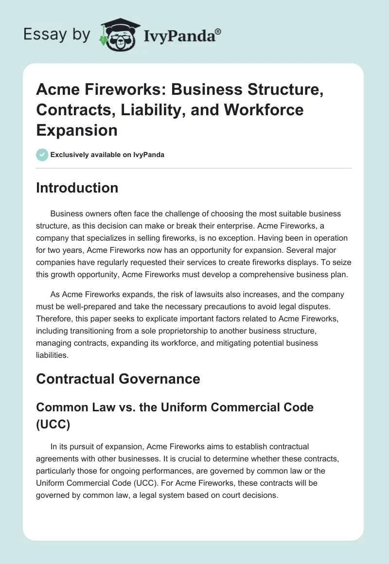 Acme Fireworks: Business Structure, Contracts, Liability, and Workforce Expansion. Page 1