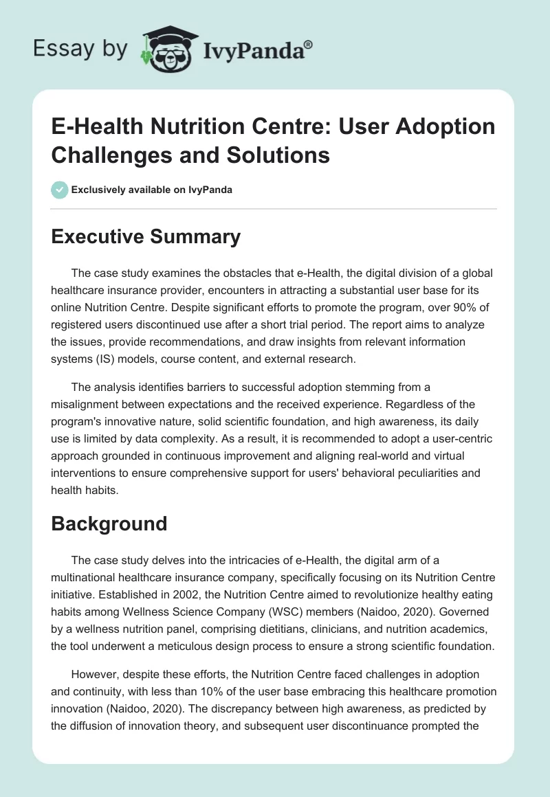 E-Health Nutrition Centre: User Adoption Challenges and Solutions. Page 1