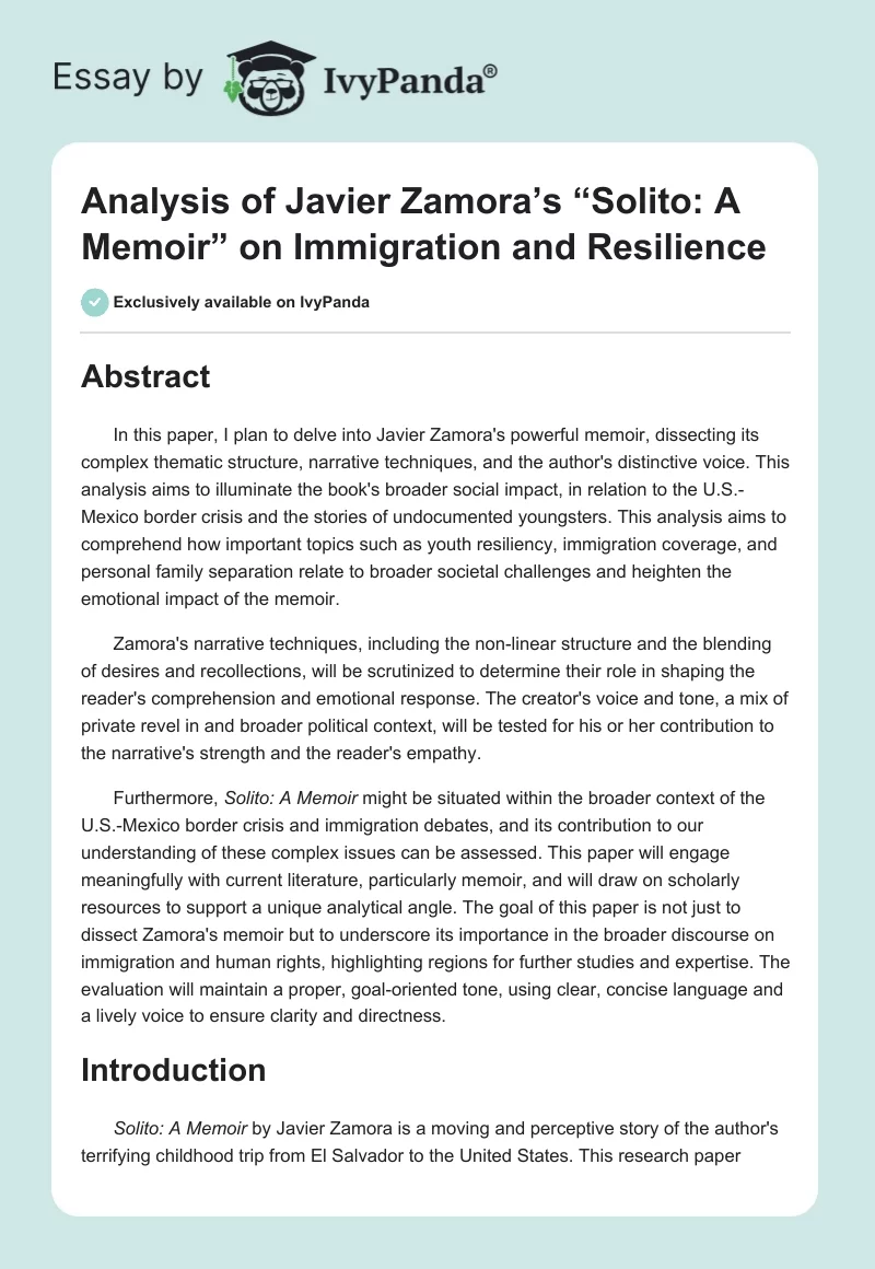Analysis of Javier Zamora’s “Solito: A Memoir” on Immigration and Resilience. Page 1