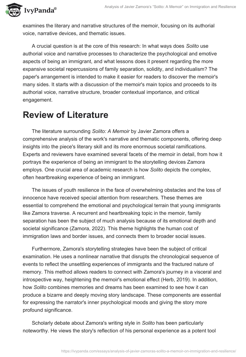 Analysis of Javier Zamora’s “Solito: A Memoir” on Immigration and Resilience. Page 2