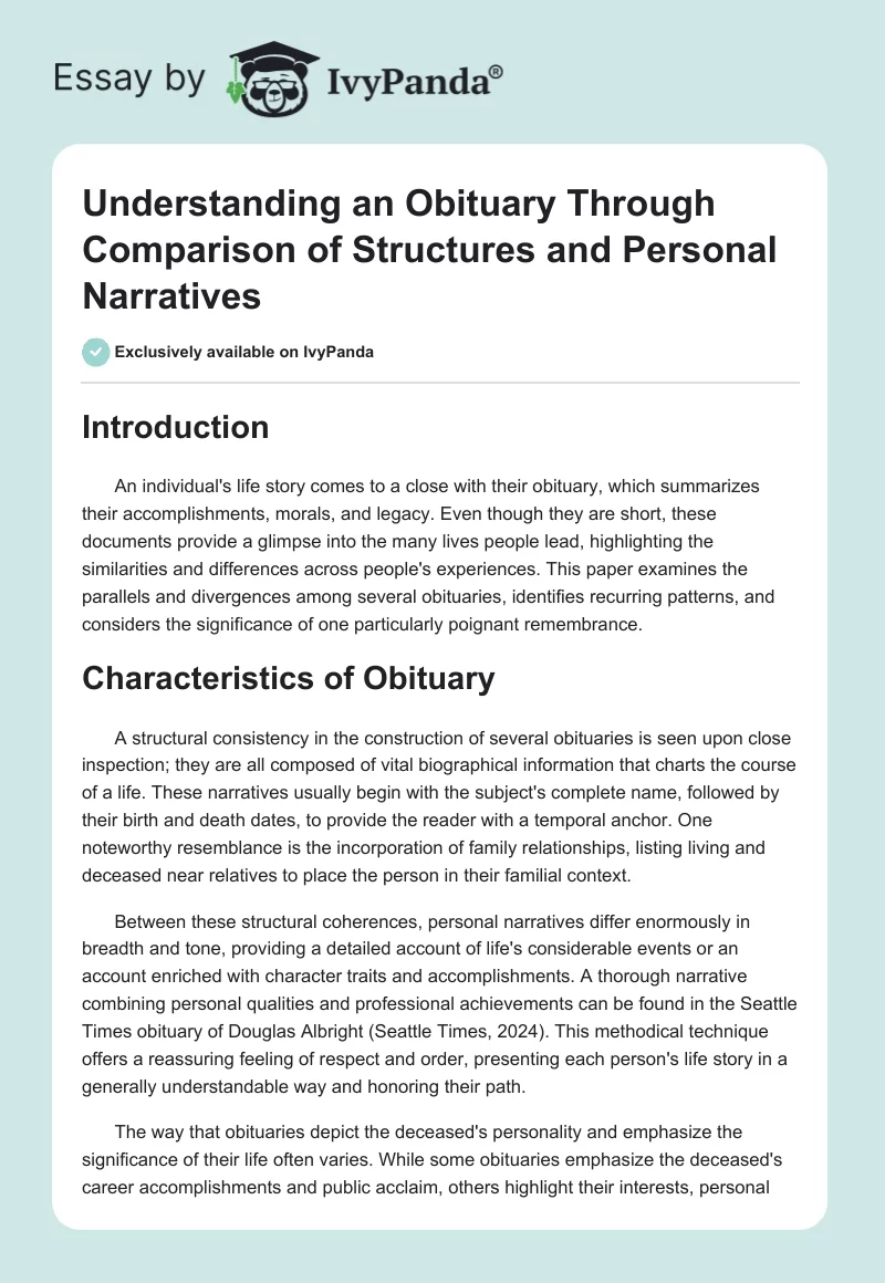 Understanding an Obituary Through Comparison of Structures and Personal Narratives. Page 1