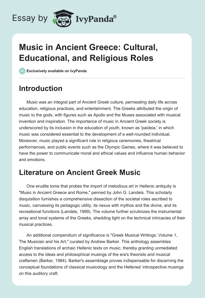 Music in Ancient Greece: Cultural, Educational, and Religious Roles. Page 1