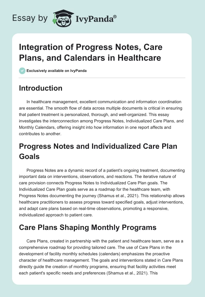 Integration of Progress Notes, Care Plans, and Calendars in Healthcare. Page 1