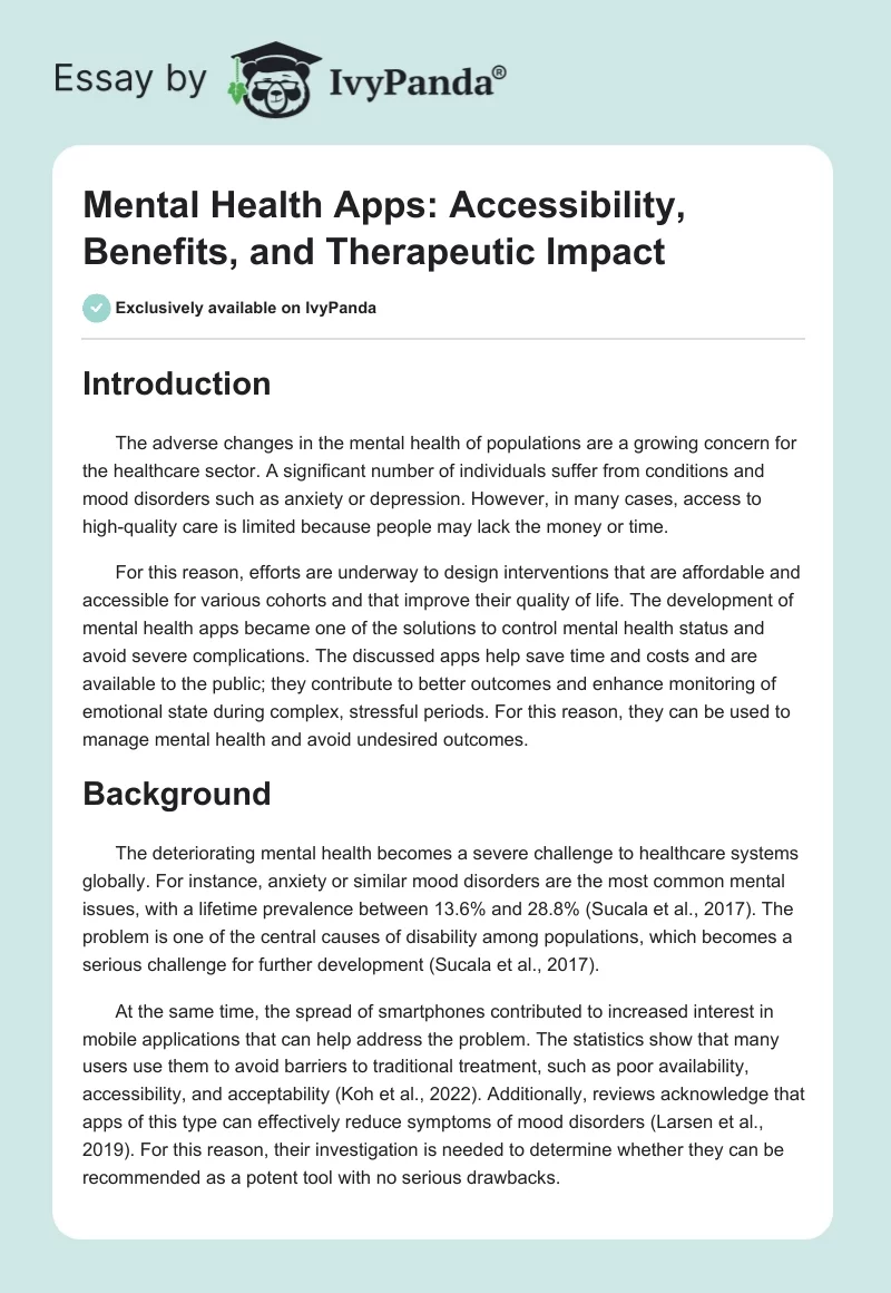 Mental Health Apps: Accessibility, Benefits, and Therapeutic Impact. Page 1