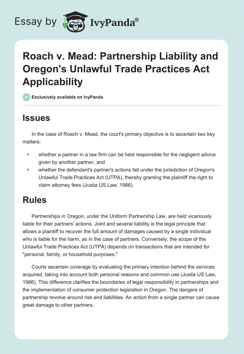 Roach v. Mead: Partnership Liability and Oregon's Unlawful Trade Practices Act Applicability. Page 1