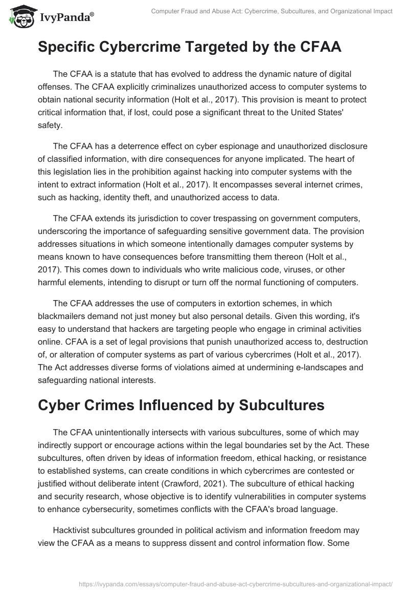 Computer Fraud and Abuse Act: Cybercrime, Subcultures, and Organizational Impact. Page 2