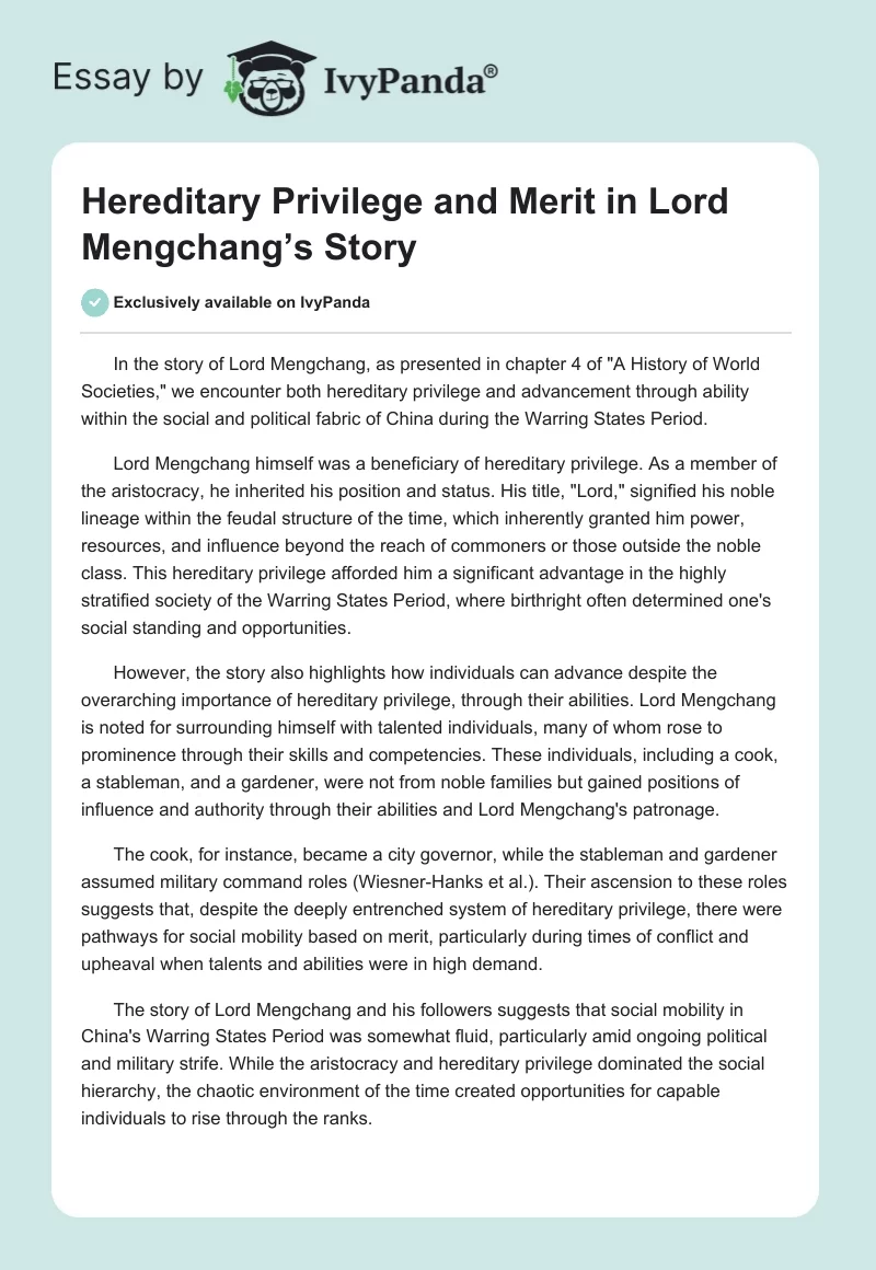 Hereditary Privilege and Merit in Lord Mengchang’s Story. Page 1