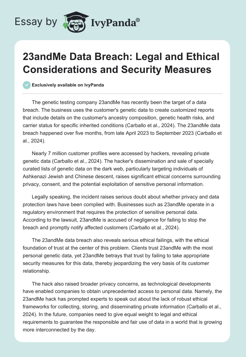 23andMe Data Breach: Legal and Ethical Considerations and Security Measures. Page 1