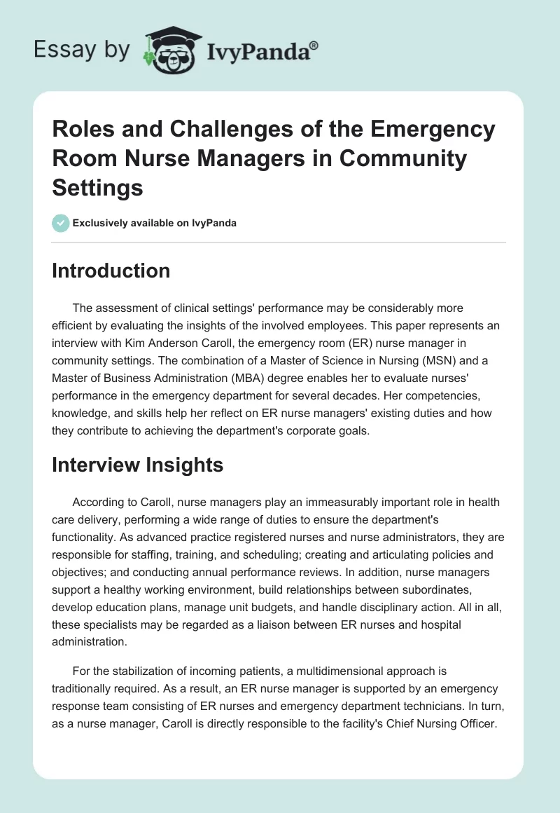 Roles and Challenges of the Emergency Room Nurse Managers in Community Settings. Page 1