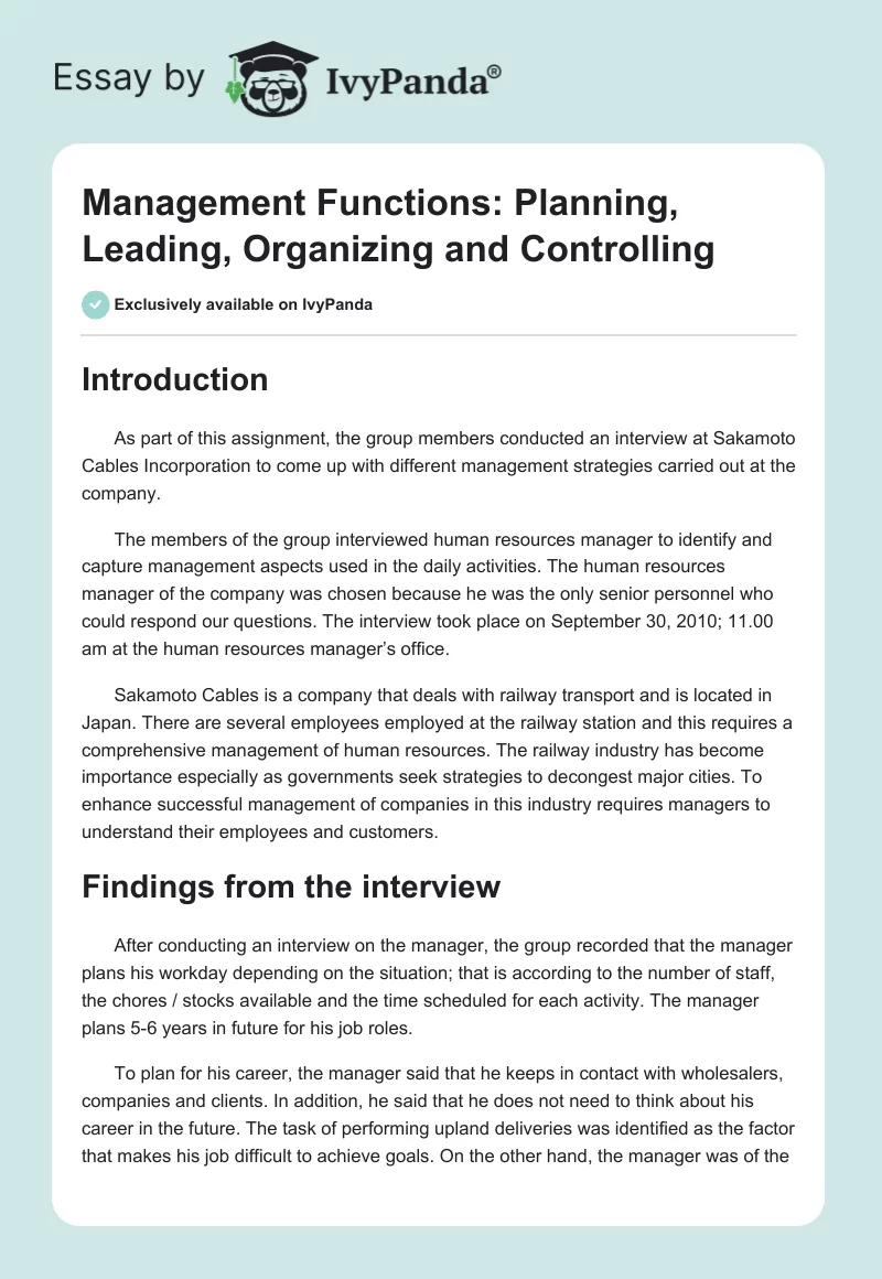 Management Functions: Planning, Leading, Organizing and Controlling. Page 1