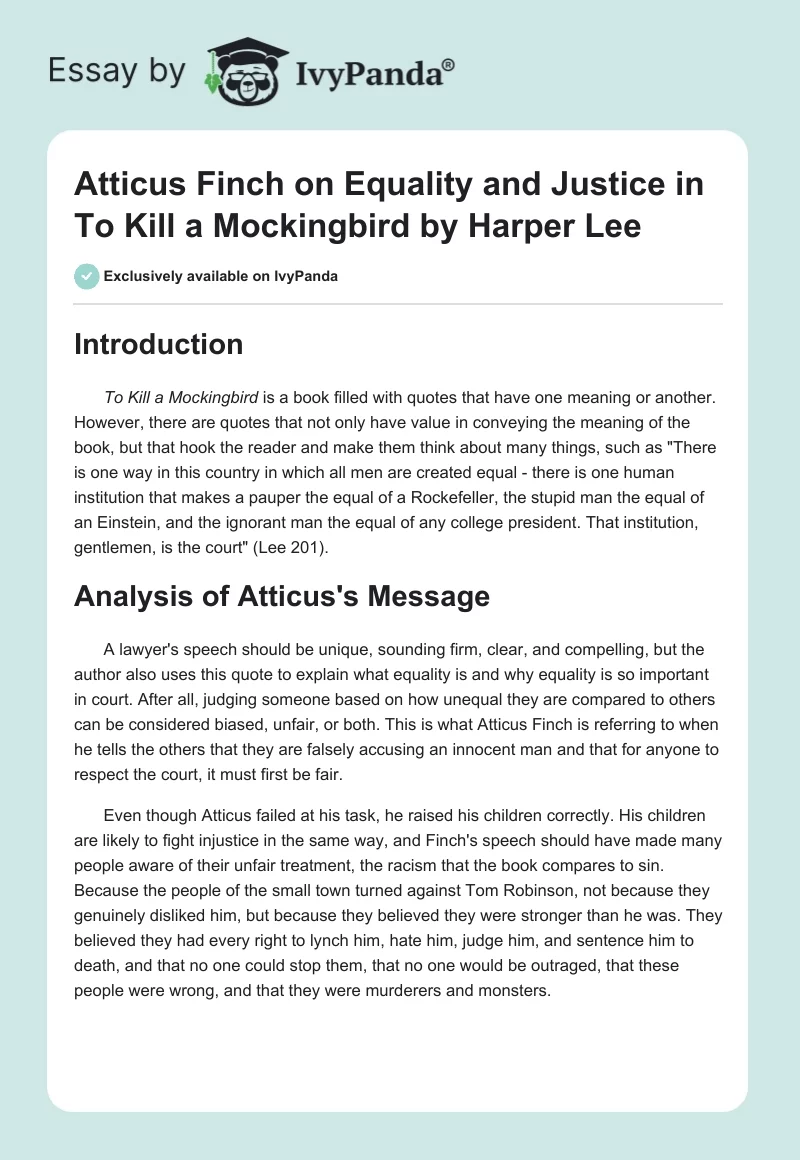 Atticus Finch on Equality and Justice in "To Kill a Mockingbird" by Harper Lee. Page 1