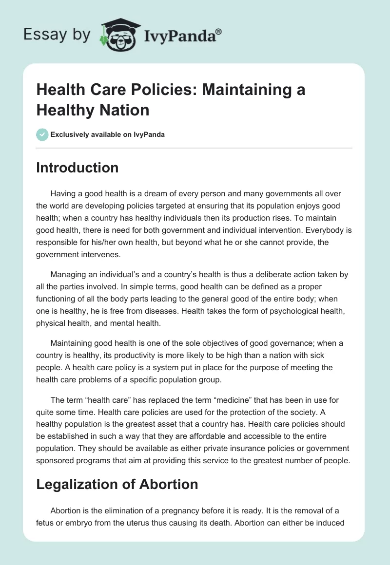 Health Care Policies: Maintaining a Healthy Nation. Page 1