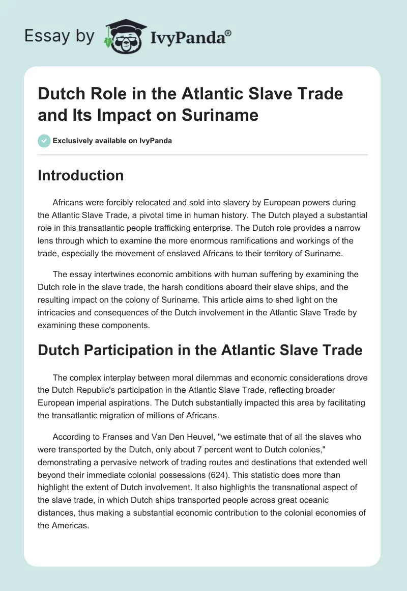 Dutch Role in the Atlantic Slave Trade and Its Impact on Suriname. Page 1