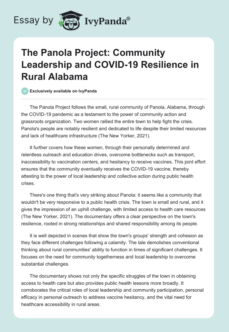The Panola Project: Community Leadership and COVID-19 Resilience in Rural Alabama. Page 1