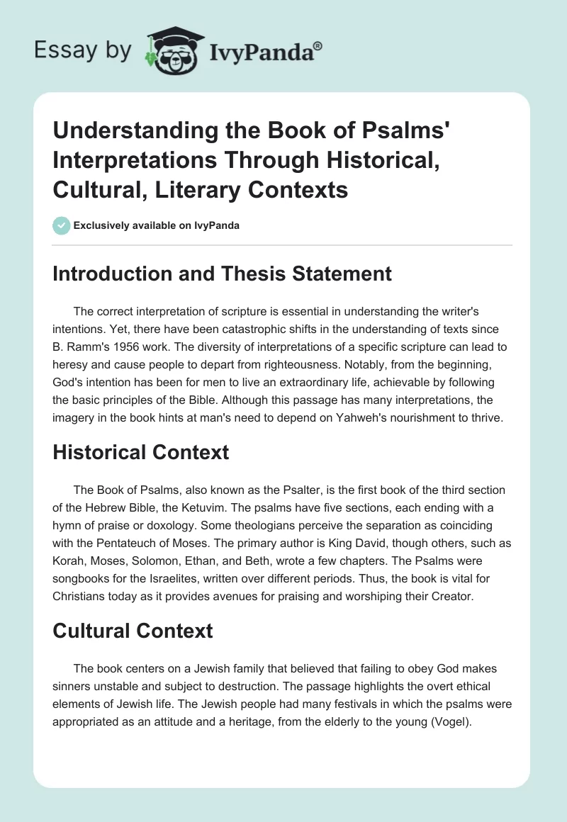 Understanding the Book of Psalms' Interpretations Through Historical, Cultural, Literary Contexts. Page 1