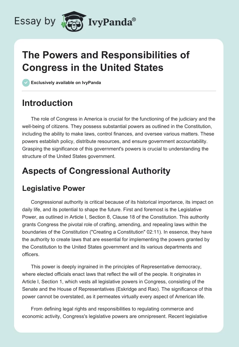 The Powers and Responsibilities of Congress in the United States. Page 1