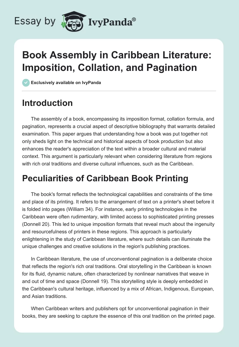 Book Assembly in Caribbean Literature: Imposition, Collation, and Pagination. Page 1