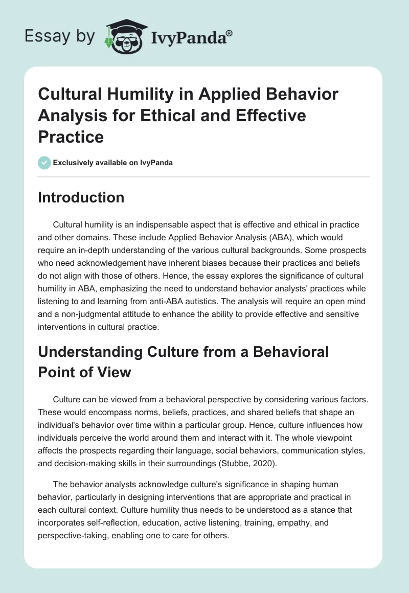 Cultural Humility in Applied Behavior Analysis for Ethical and Effective Practice. Page 1