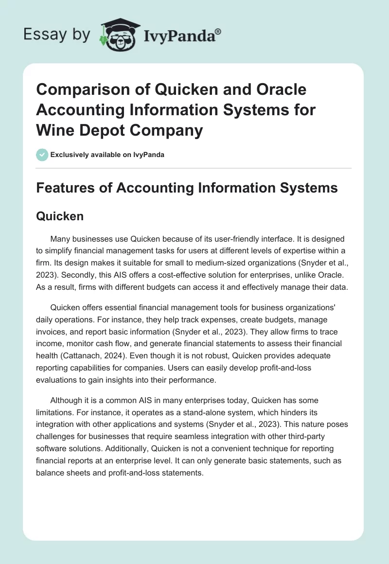 Comparison of Quicken and Oracle Accounting Information Systems for Wine Depot Company. Page 1