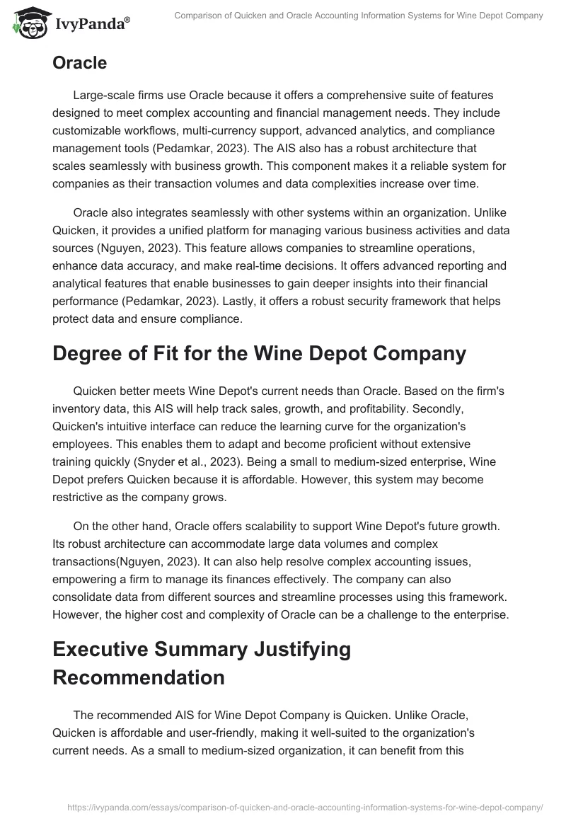 Comparison of Quicken and Oracle Accounting Information Systems for Wine Depot Company. Page 2
