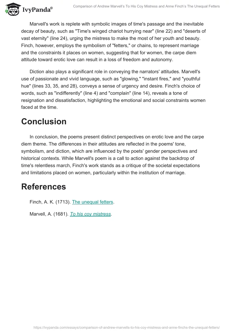 Comparison of Andrew Marvell’s To His Coy Mistress and Anne Finch’s The Unequal Fetters. Page 2