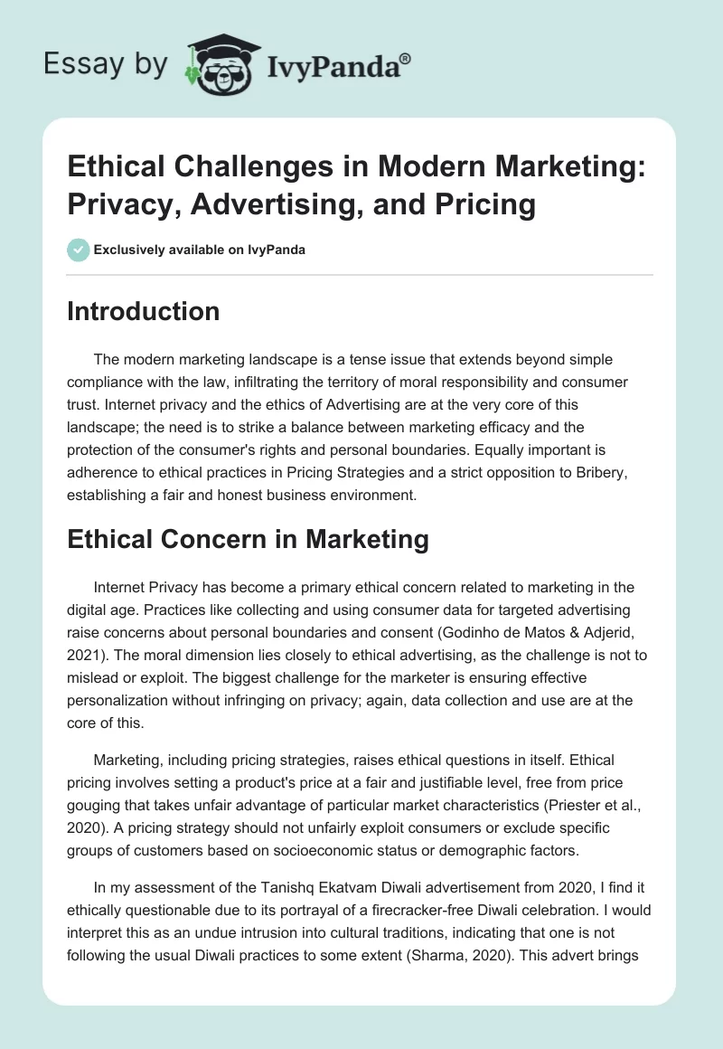 Ethical Challenges in Modern Marketing: Privacy, Advertising, and Pricing. Page 1