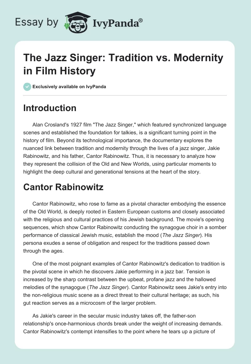 The Jazz Singer: Tradition vs. Modernity in Film History. Page 1
