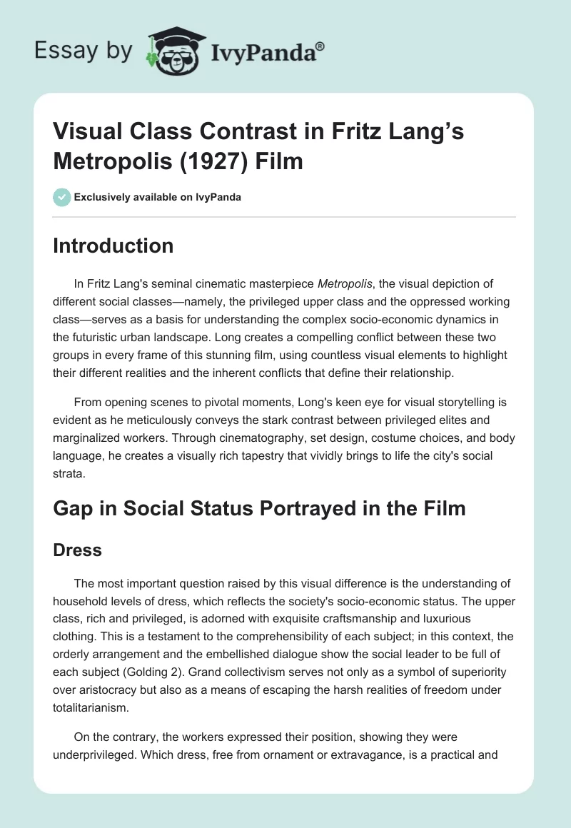 Visual Class Contrast in Fritz Lang’s Metropolis (1927) Film. Page 1